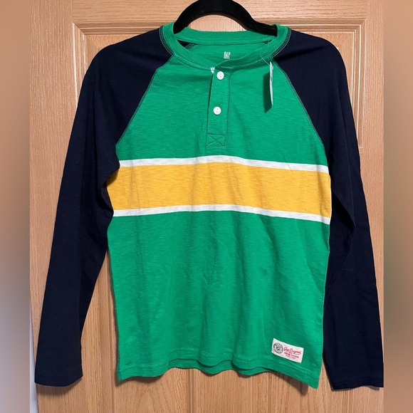 Kids Green, White & Yellow Colorblock Stripe Henley Longsleeve T-Shirt | Gap NWT - Picture 1 of 9
